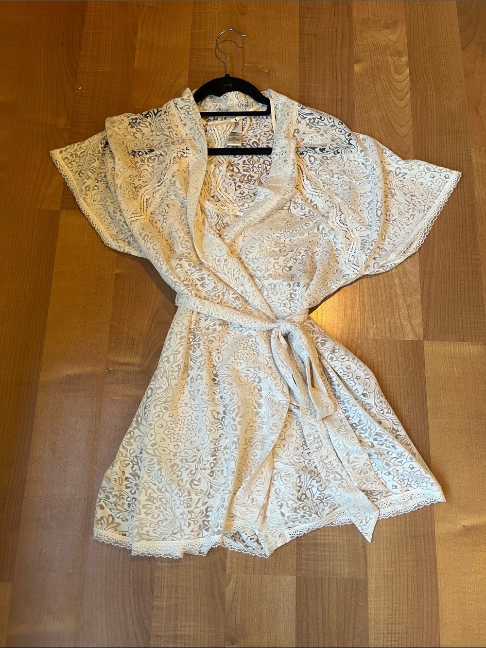 Delicate Cream Lace Kimono Robe with Tie Waist and Slip Dress
